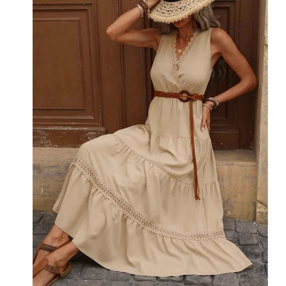 Boho Tan Surplice Sleeveless Ruffle Hem Maxi Dress - Picture 7 of 7